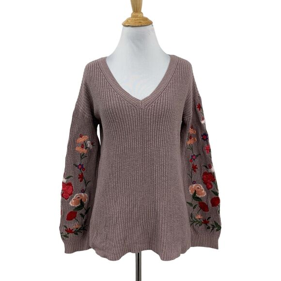 American Eagle Sweater Womens Extra Small Mauve Floral Ribbed V Neck Wool Blend - Picture 1 of 14